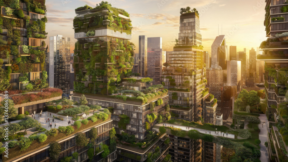 A breathtaking futuristic city with skyscrapers covered in lush green ...