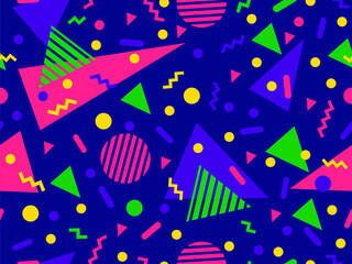 Wall Mural - Geometric seamless pattern with memphis elements in 80s style. Colorful geometric pattern. Design of promotional products, wrapping paper and printing. Vector illustration