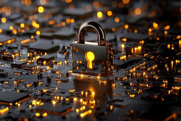Poster - a digital padlock with a glowing effect represents cybersecurity and data protection set against a f