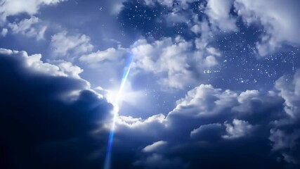 Poster - The sky is filled with dark clouds, but a bright sun is shining through them, creating a beautiful contrast. The sun is located in the middle of the sky
