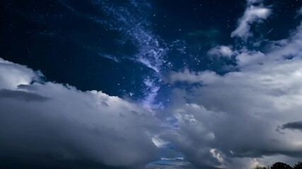 Poster - The sky is dark blue with a few clouds. There are many stars in the sky. The stars are scattered throughout the sky
