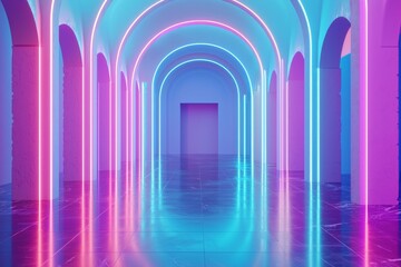 Poster - The underground tunnel features neon purple lights that adorn its walls, resulting in a vibrant and futuristic setting