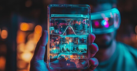Poster - a city dweller utilizes a cutting-edge transparent phone to make holographic video calls to his fami