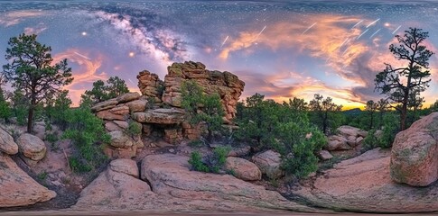 Wall Mural - the forest under a starry sky and a milky way at dawn is displayed in a 360 vr degree spherical pano
