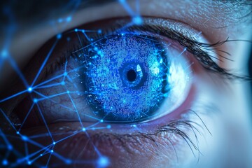 Poster - a futuristic hologram overlays the image of a businessman's eye in a double exposure, illustrating t