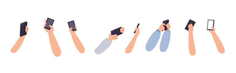 Poster - hands holding smartphones, different poses. digital addiction, human hand using smartphone. scrollin