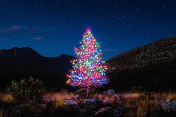 Poster - A stock illustration of a winter holiday landscape showcases a colossal cyberpunk Christmas tree aglow with neon lights, situated in a snow-covered forest beneath a rich purple sky on New Year's Eve