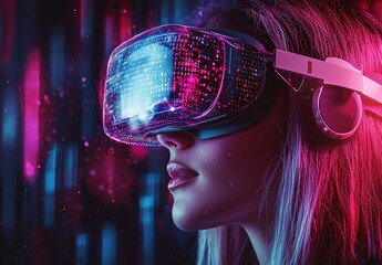 Wall Mural - A woman is shown wearing a virtual reality headset that incorporates futuristic technology elements, created with generative AI