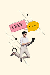 Poster - Image 3d zine vertical collage of happy man jump surf laptop message communication speech talk chatterbox icon correspondence