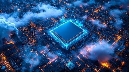 Wall Mural - Stock Technology Gives Rise to Cloud City, a Dazzling Microchip Island Afloat in a Surreal Sky, Epitomizing the Unrelenting March of Technological Evolution in 8K