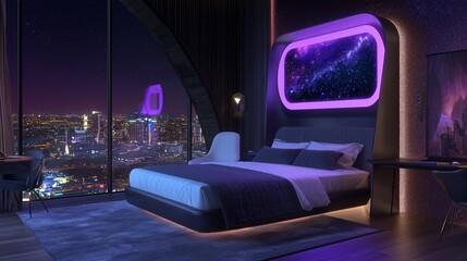 Wall Mural - Futuristic smart home bedroom interior is illustrated with the inclusion of a stock concept