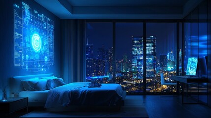 Wall Mural - A futuristic smart home bedroom is depicted in an interior illustration with a stock concept