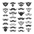 © MicroOne - Mustache engraving vector set. Men gentlemen hipsters barbers beards facial hair curls, retro vintage shapes isolated vectors on white background