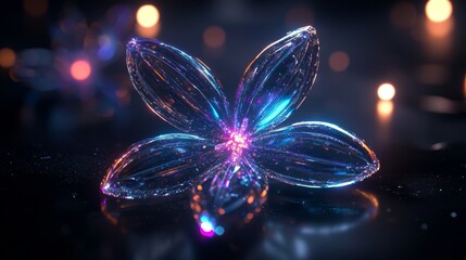 Poster - Digital futuristic flower wallpaper boasts a neon light glow blossom wireframe on a background that displays a flower cyber hologram produced through AI generative means
