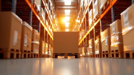 Poster - A well-organized warehouse scene with stacked cardboard boxes and warm sunlight illuminating the aisle.