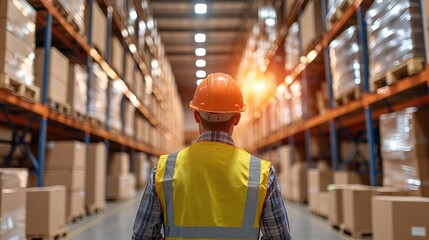 Poster - A worker in a safety vest and hard hat stands in a warehouse, surrounded by stacked boxes and shelving, with warm sunlight illuminating the space.