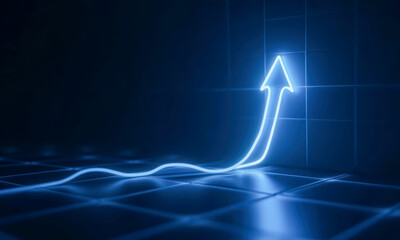Poster - Glowing Neon Arrow Rising Towards Wall in Dark Abstract Environment with Tiles and Light Reflections