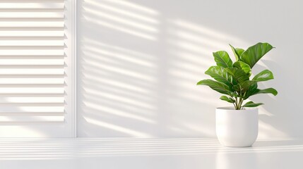 Poster - A potted plant sits on a white surface, illuminated by soft sunlight filtering through blinds, creating gentle shadows.