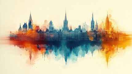 Poster - Abstract Watercolor Painting Depicting a City Skyline with Reflection