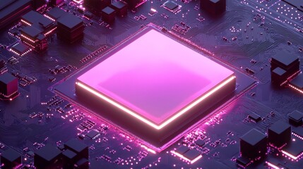 Poster - On a circuit board, a close-up view of a glowing neon purple microchip is displayed, signifying technology and futuristic electronics