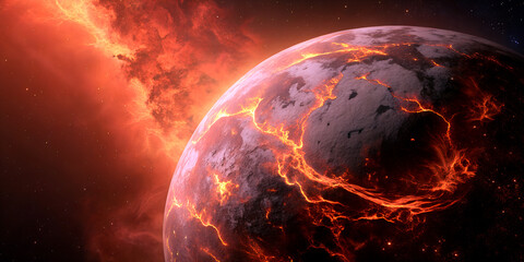 Wall Mural - the planet’s crust erupts with fire, spewing lava into space. a dramatic cosmic vision of planetary 