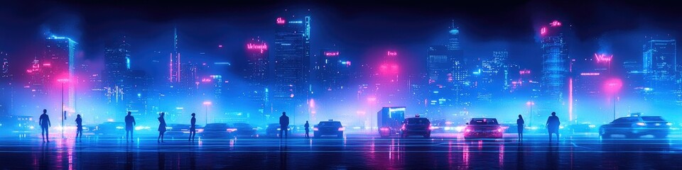 Poster - A futuristic cityscape displaying bright lights and vehicle traffic at night