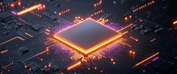 On a sleek and modern circuit board, a glowing microchip is prominently displayed in closeup