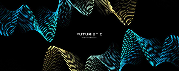 Poster - 3D blue yellow techno background on dark space with dotted lines shape effect decoration. Modern graphic design element with glowing dots waves style concept for web, flyer, card, or brochure cover