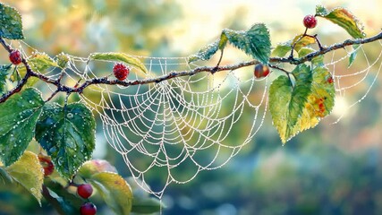 A close-up of dew-covered spiderweb glistening in the morning light digital