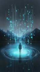 Poster - Inner peace represented as ethereal light emanating from a figure amidst a tranquil landscape