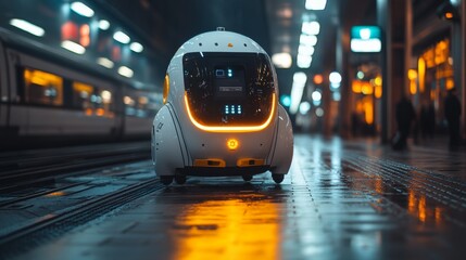 Leinwandbilder - A small autonomous robot moves through a bustling transportation hub filled with commuters during the evening rush hour, showcasing advancements in logistics and mobility.
