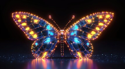 Poster - A Digital Illuminated Butterfly With Glowing Wings On Dark Background