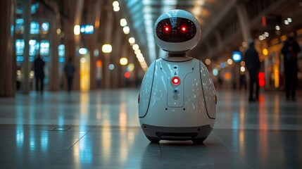 Leinwandbilder - A robotic unit stands in an urban transit hub, equipped for logistics monitoring and security inspection, showcasing advanced automation technology in action.