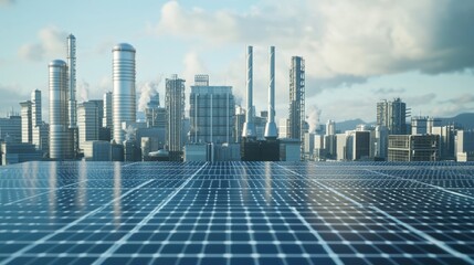 Fototapete - A futuristic city with many high-rise buildings and a power plant made of neat solar panels in front