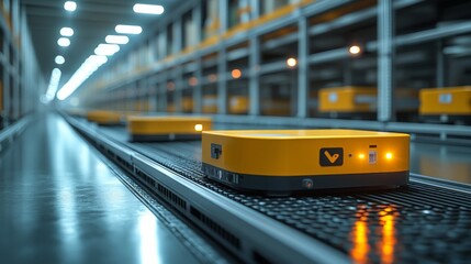 Poster - Yellow automated robots efficiently move along the conveyor system in a modern warehouse, sorting and delivering inventory for fulfillment tasks.