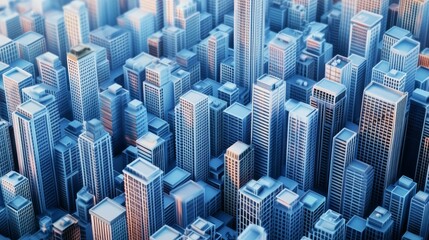 Fototapete - Extremely high-density modern skyscrapers, tall buildings tightly packed in a vibrant urban cityscape, showing towering structures with glass and steel facades, numerous buildings standing closely tog