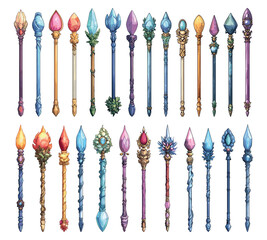 Wall Mural - Various Magic Wands Cartoon Icons Set Illustrations On White Unique Artwork Creative Design Magic Fantasy Illustrations Wizardry Icons Collection Artistic Visuals Modern Graphics
