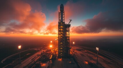 Poster - Rocket stands tall on the launch pad as the sun sets, showcasing its advanced specifications including retropropulsion and heatshield technology, preparing for an upcoming mission.