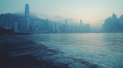 Fototapete - crapers in the distance, business CITY background, pale BLUE color photo, 8K 