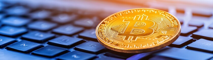 Poster - Golden bitcoin coin on laptop keyboard close up