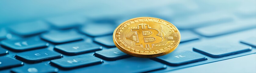 Poster - Golden bitcoin coin on laptop keyboard close-up