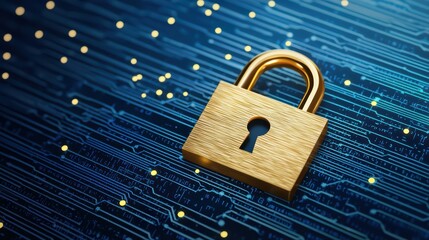 Poster - Golden padlock on blue digital background with circuits