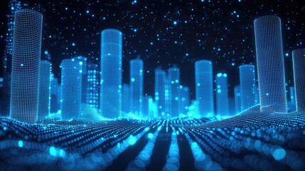 Poster - An abstract digital city composed of glowing blue points is shown
