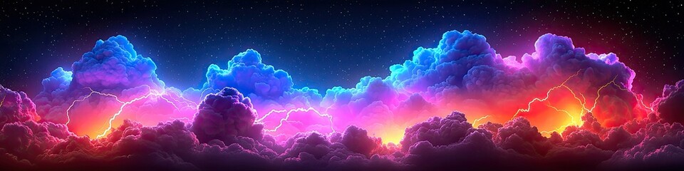 Poster - Colorful neon clouds with lightning against a dark starry sky