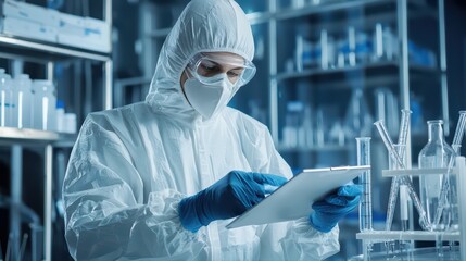 Poster - research scientist in protective gear working in lab