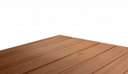 Wooden table corner. Realistic desk wood surface angle perspective side view, work counter or kitchen tabletop board platform product presentation mockup, exact vector illustration