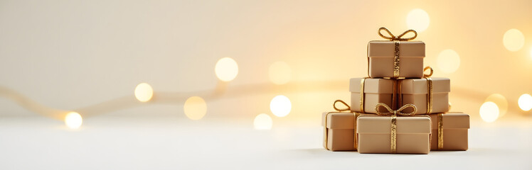 Poster - A Stack Of Tiny Presents Sits Atop A Softly Glowing Golden Backdrop With Blurred Light Effects In A Horizontal Composi