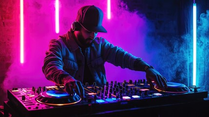Poster - DJ using a beat machine under neon lights 