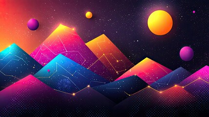 Poster - Colorful abstract landscape featuring geometric mountains and celestial bodies