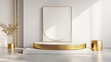 Aufkleber - Minimalist Interior with Circular Artwork and Golden Accents